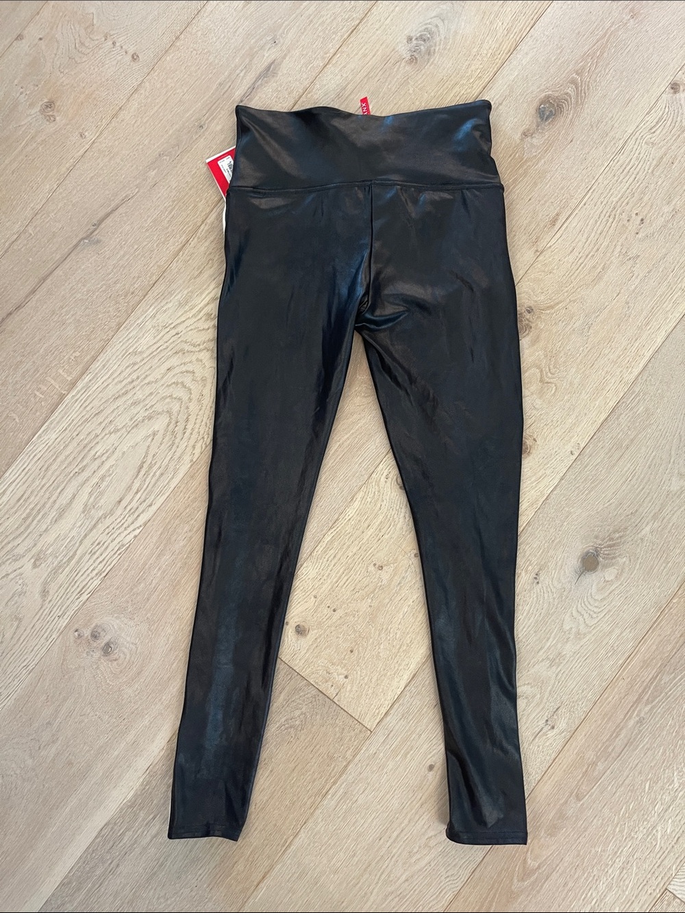 SPANX Black Faux Leather Leggings with white stripes size large - Picture 5 of 5